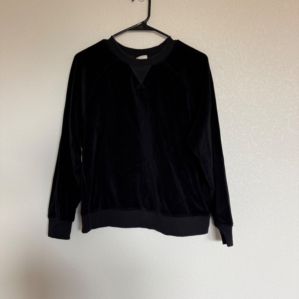 Pact Women Black Organic Cotton Velour Sweatshirt Crew Neck Loungewear Medium